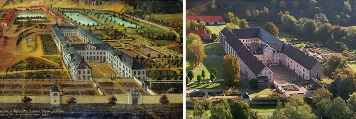 Links zeigt ein Gemälde aus dem 18. Jahrhundert die Dalheimer Klosteranlage. Daneben befindet sich eine Fotografie, die den gleichen Ausschnitt im heutigen Zustand zeigt.