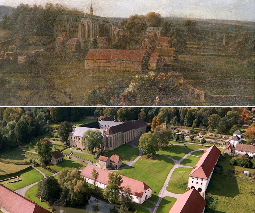 Oben zeigt ein Gemälde aus dem 17. Jahrhundert die Dalheimer Klosteranlage. Darunter befindet sich eine Fotografie, die den gleichen Ausschnitt im heutigen Zustand zeigt.