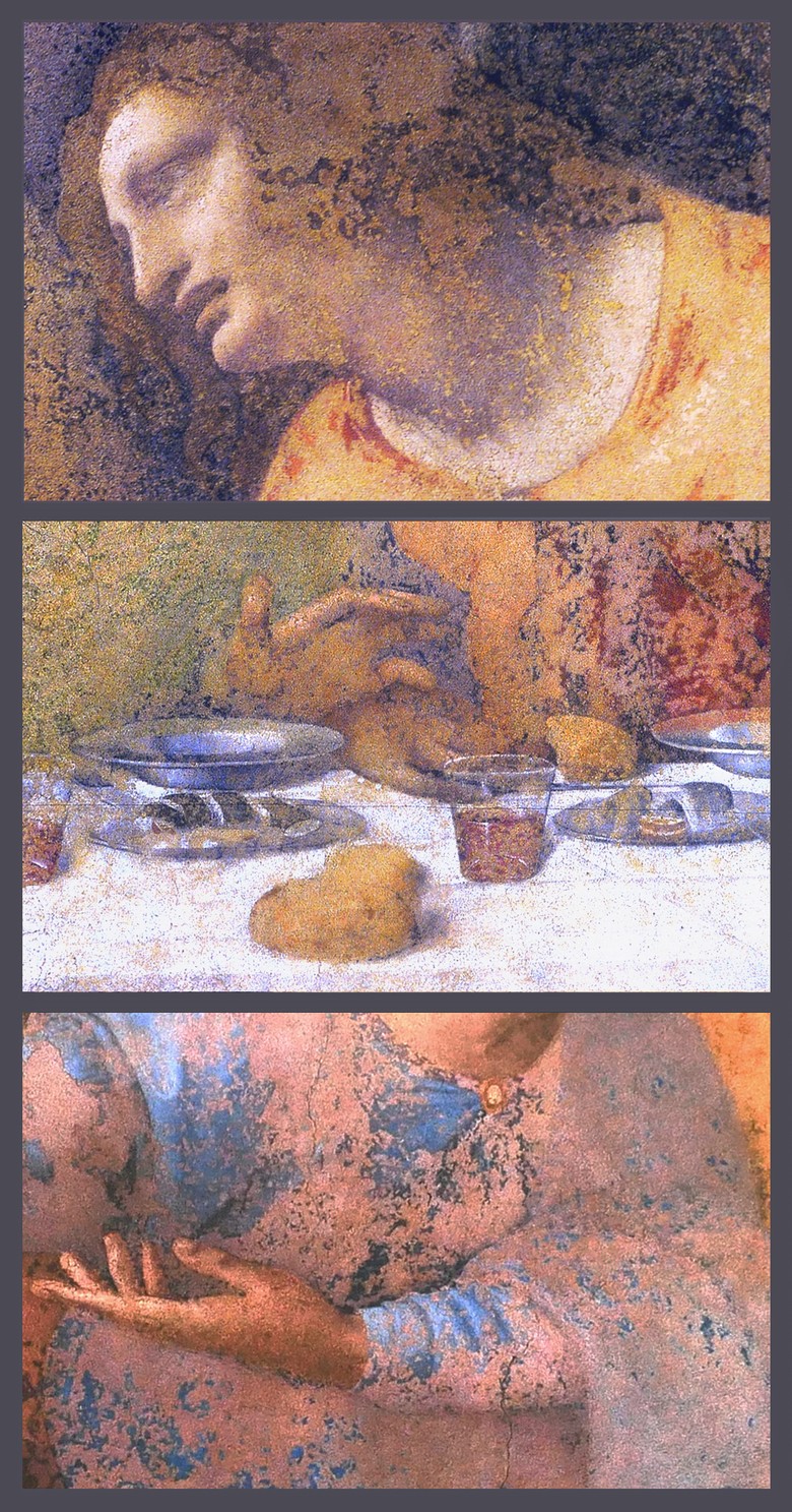 Details aus dem Wandbild "Das letzte Abendmahl". Oben ist ein Gesicht abgebildet. Mittig ist ein Ausschnitt des Tisches dargestellt. Unten wird die Hand des Jüngers Matthäus gezeigt.